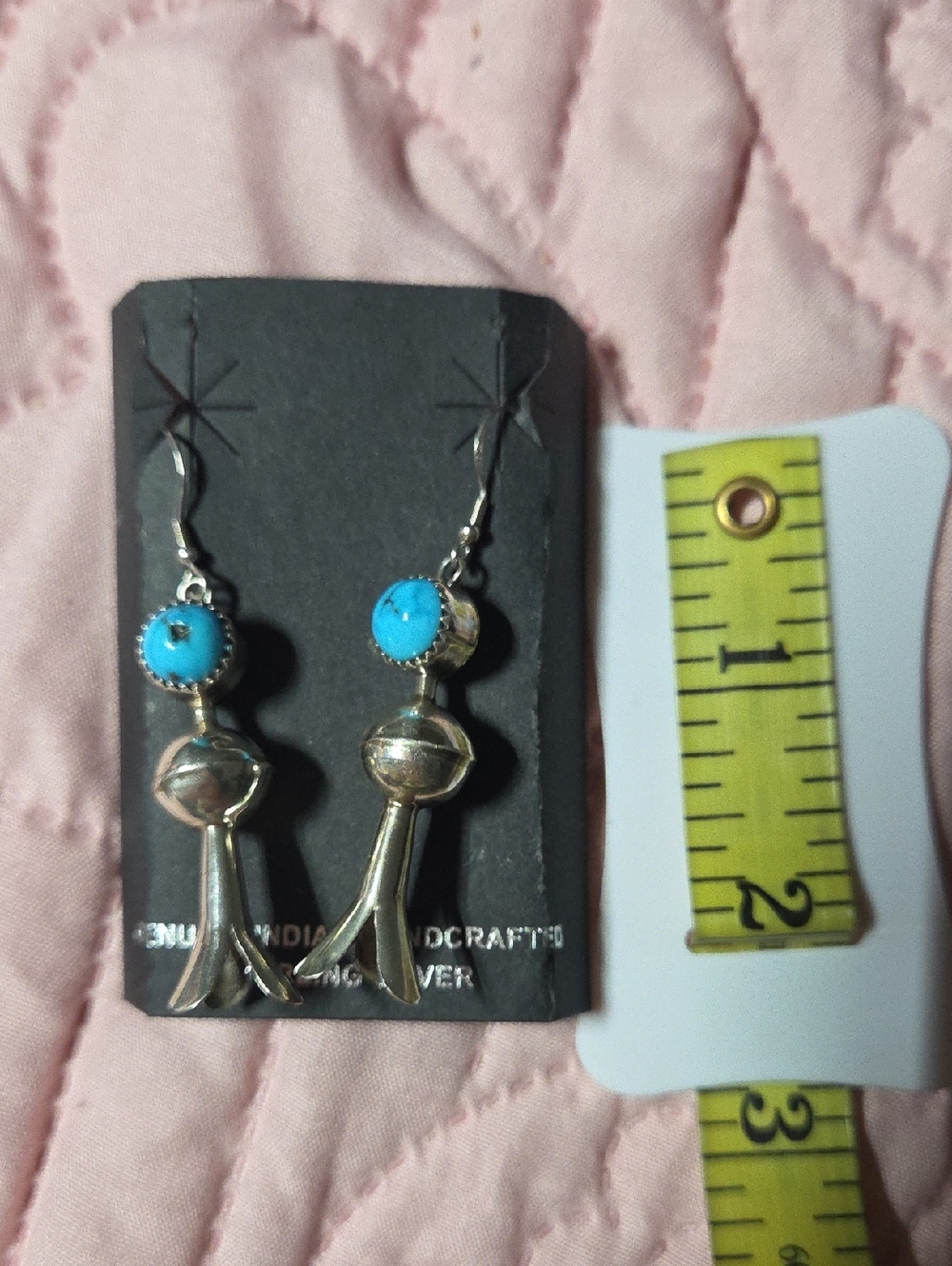 925 Squash Blossom Handcrafted Silver Drop Earrings with Turquoise Accent Native